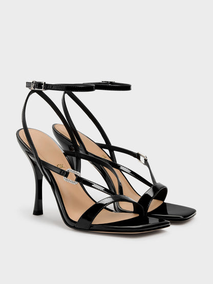 Patent Leather Crystal-Buckle Ankle-Strap Heels - Black Patent | CHARLES & KEITH