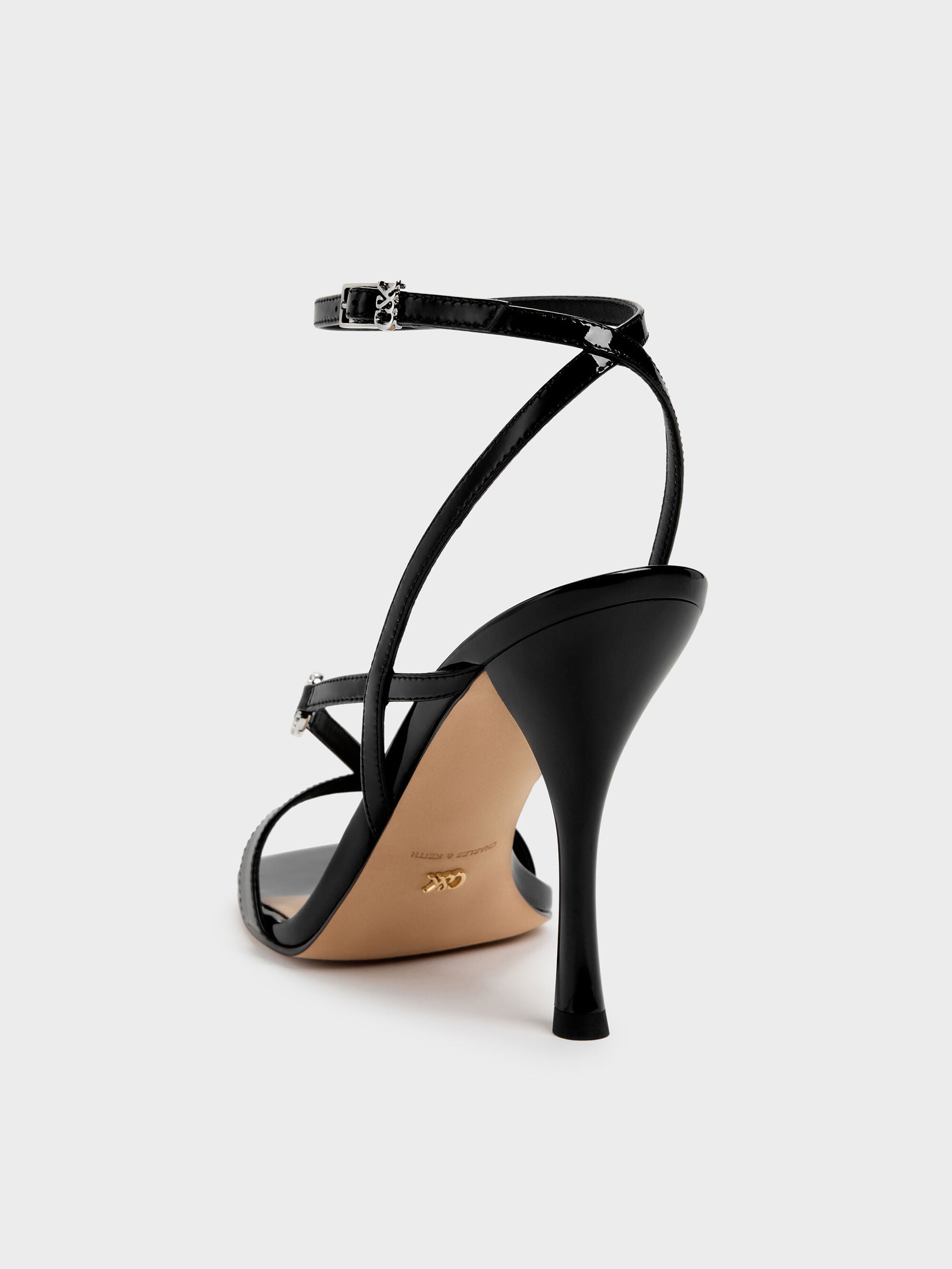 Patent Leather Crystal-Buckle Ankle-Strap Heels - Black Patent | CHARLES & KEITH
