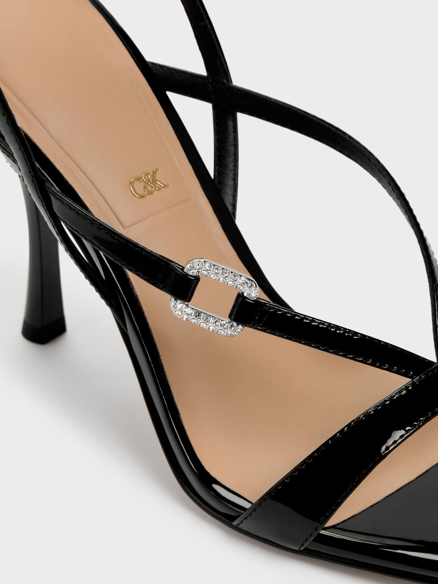 Patent Leather Crystal-Buckle Ankle-Strap Heels - Black Patent | CHARLES & KEITH
