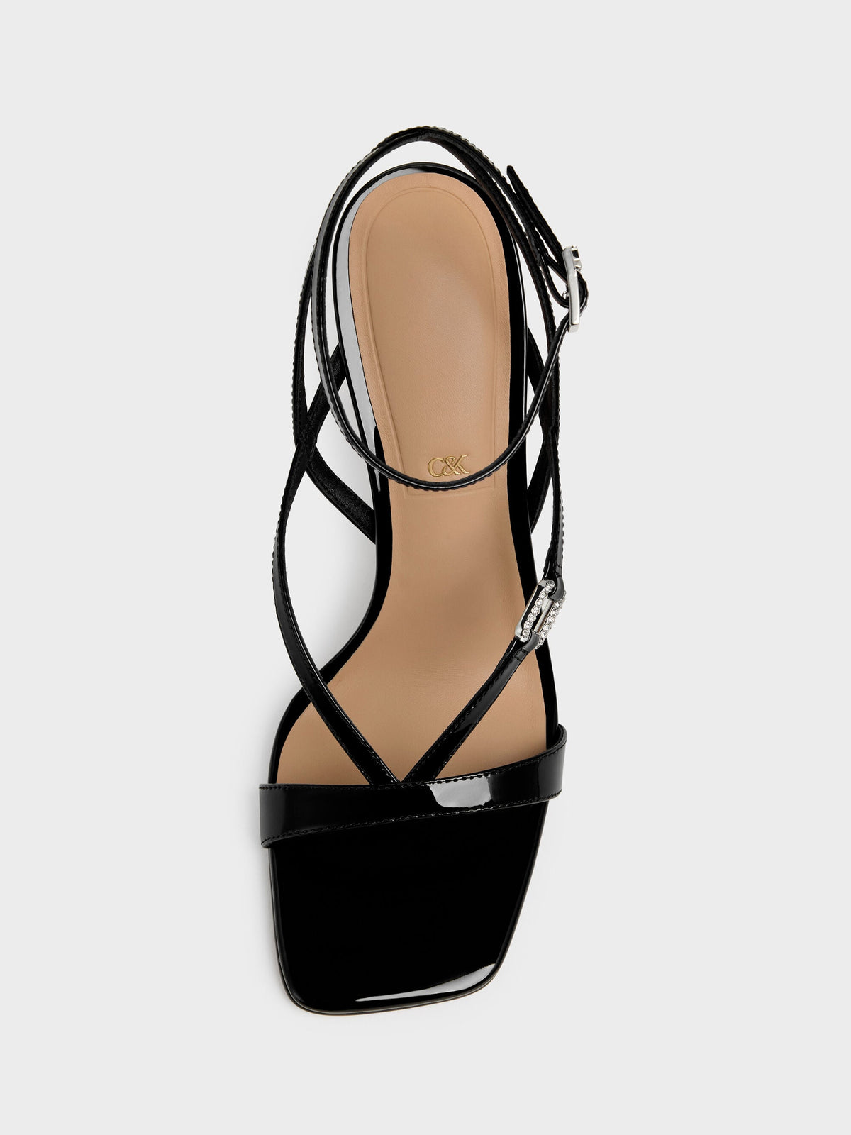 Patent Leather Crystal-Buckle Ankle-Strap Heels - Black Patent | CHARLES & KEITH