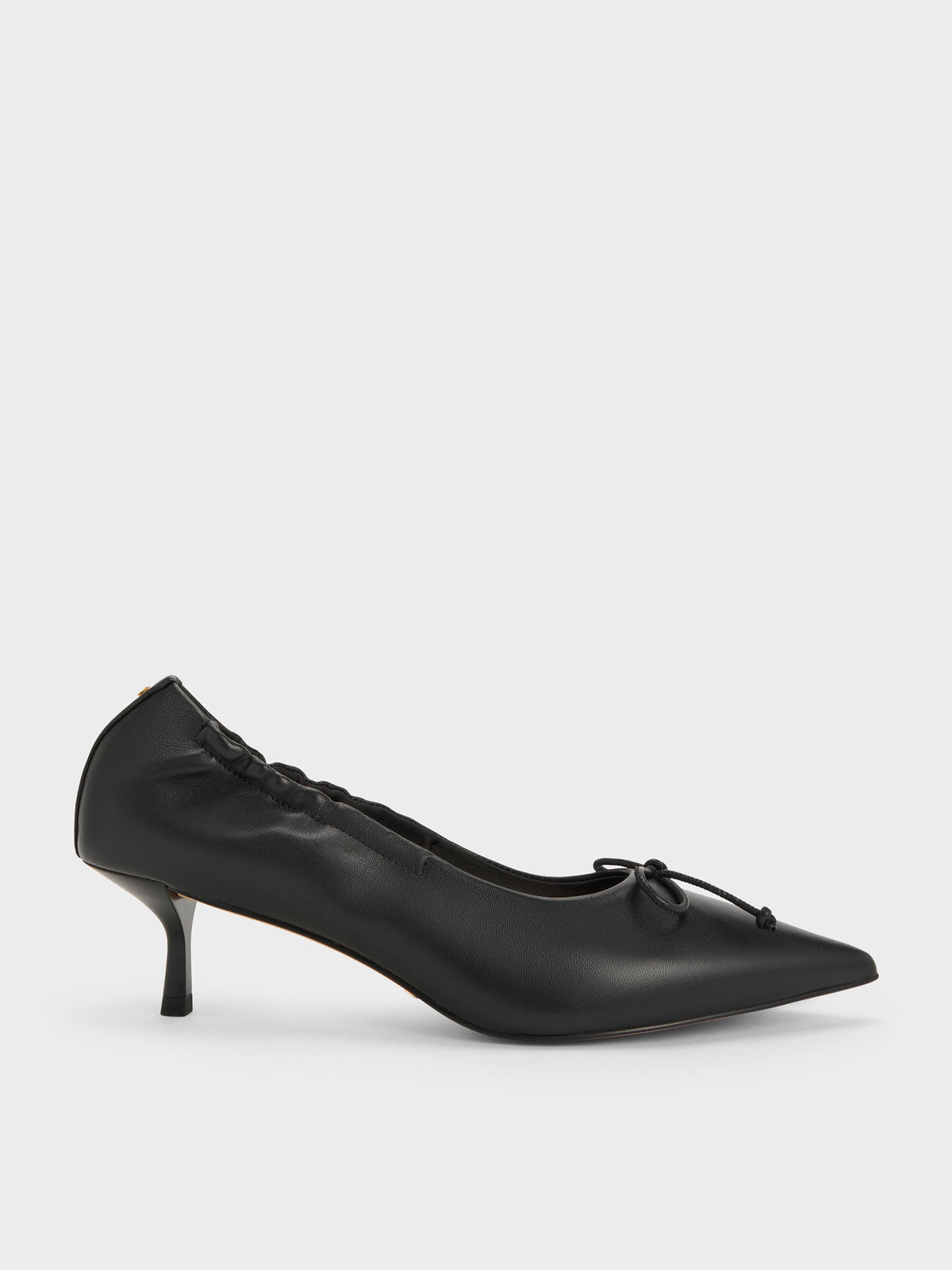 Leather Ruched Pointed Kitten Heels - Black | CHARLES & KEITH