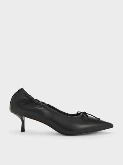 Leather Ruched Pointed Kitten Heels - Black | CHARLES & KEITH