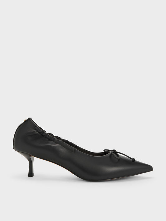 Leather Ruched Pointed Kitten Heels - Black | CHARLES & KEITH