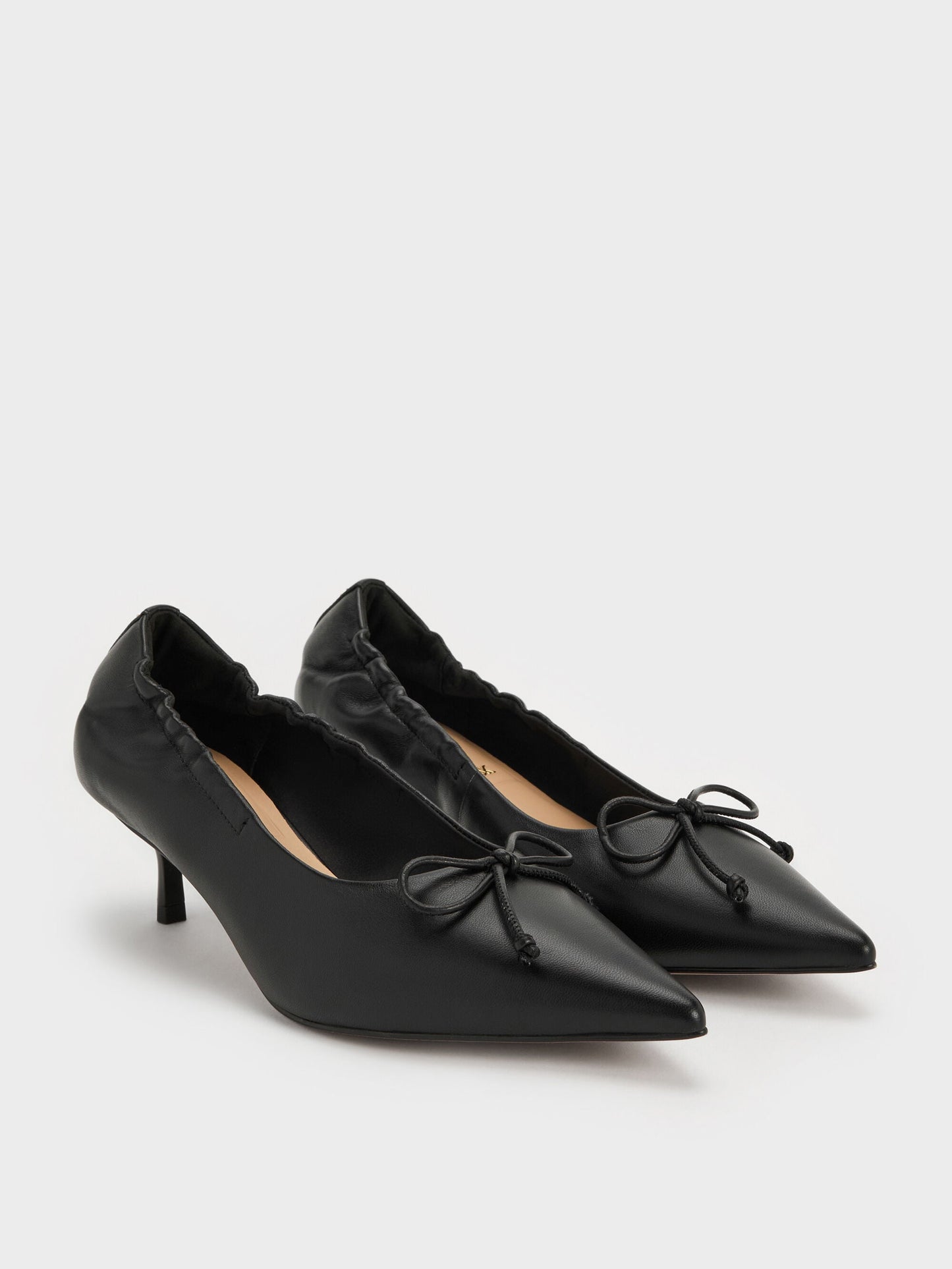 Leather Ruched Pointed Kitten Heels - Black | CHARLES & KEITH
