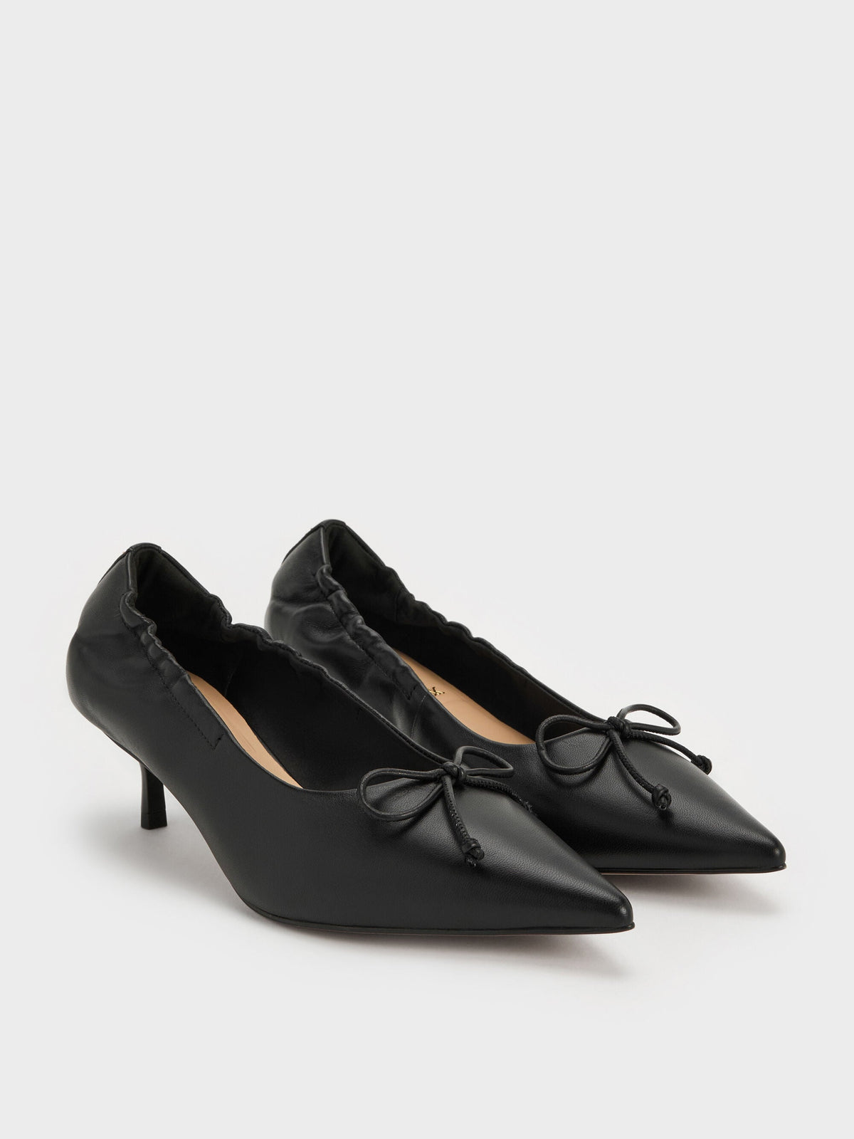 Leather Ruched Pointed Kitten Heels - Black | CHARLES & KEITH