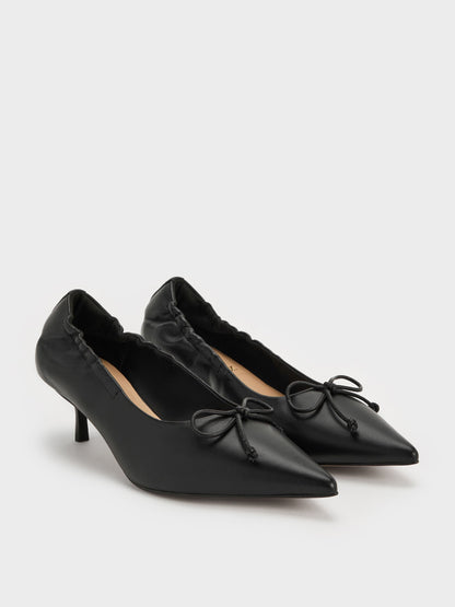 Leather Ruched Pointed Kitten Heels - Black | CHARLES & KEITH