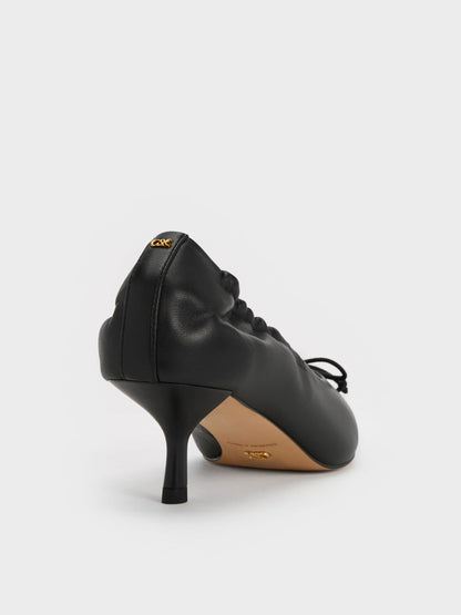 Leather Ruched Pointed Kitten Heels - Black | CHARLES & KEITH