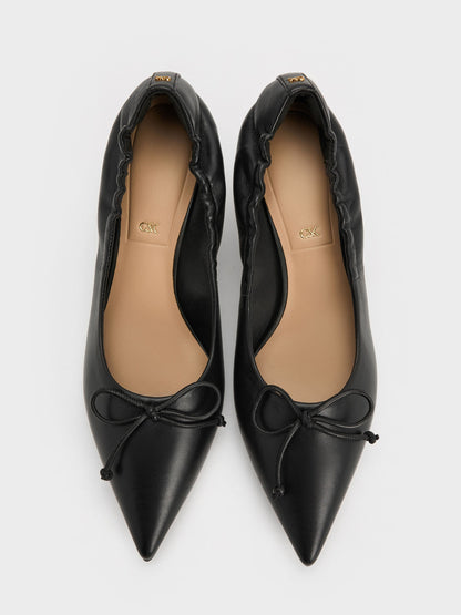 Leather Ruched Pointed Kitten Heels - Black | CHARLES & KEITH