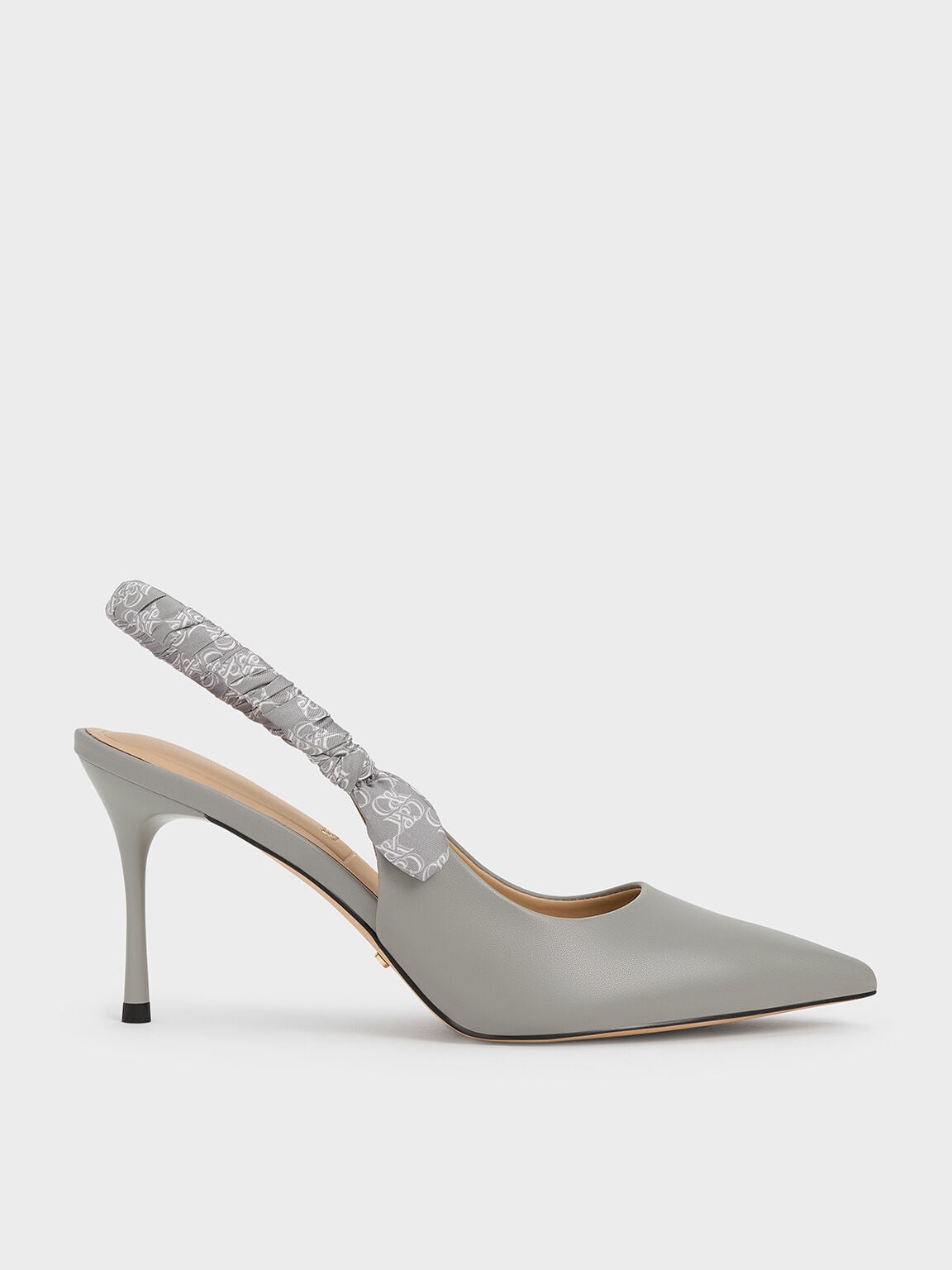 Tully Leather Ruched Print Slingback Pumps - Grey | CHARLES & KEITH