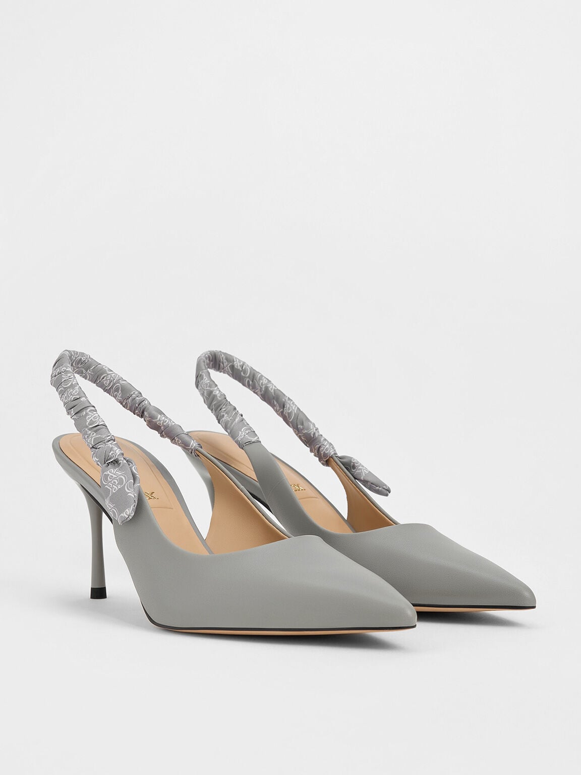 Tully Leather Ruched Print Slingback Pumps - Grey | CHARLES & KEITH