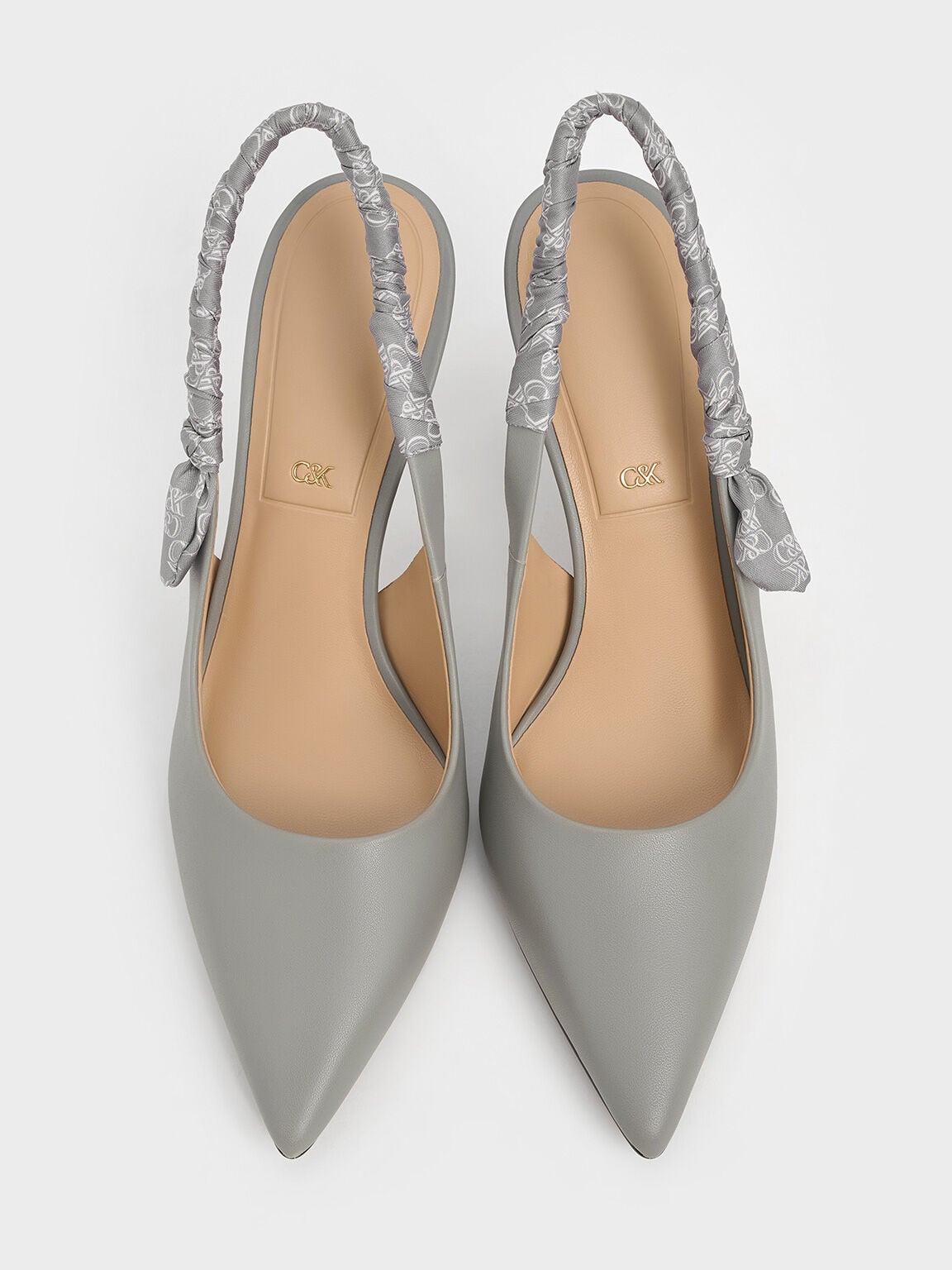 Tully Leather Ruched Print Slingback Pumps - Grey | CHARLES & KEITH