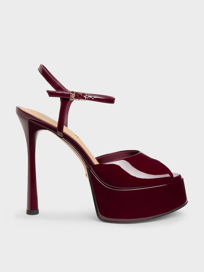 Francesca Patent Leather Peep-Toe Platform Heels - Burgundy | CHARLES & KEITH