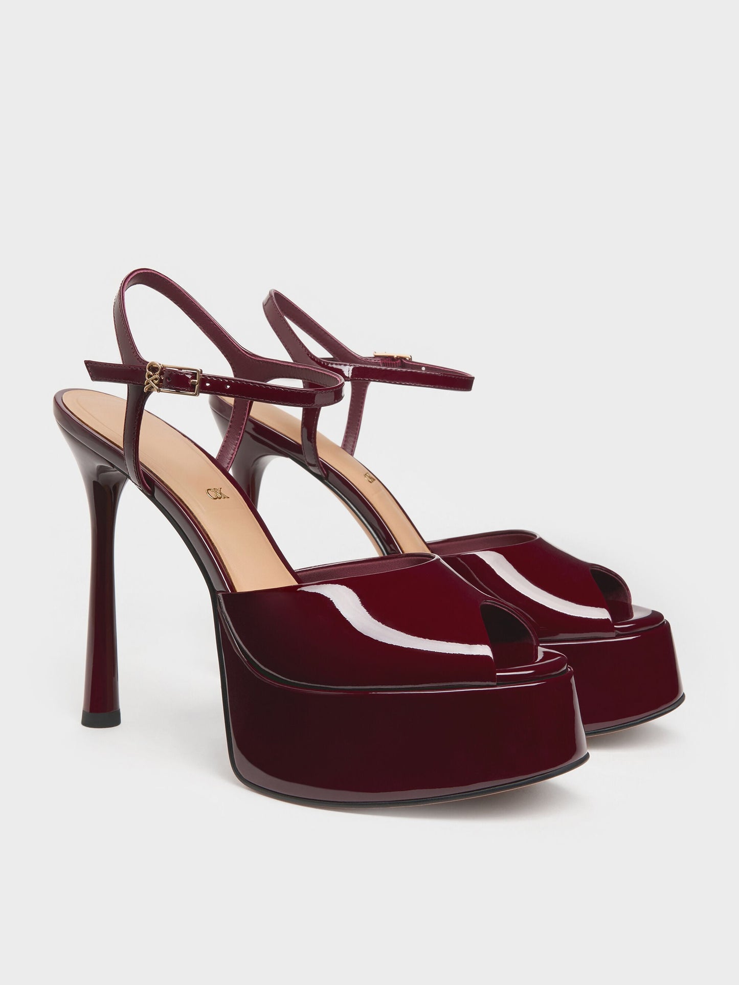 Francesca Patent Leather Peep-Toe Platform Heels - Burgundy | CHARLES & KEITH
