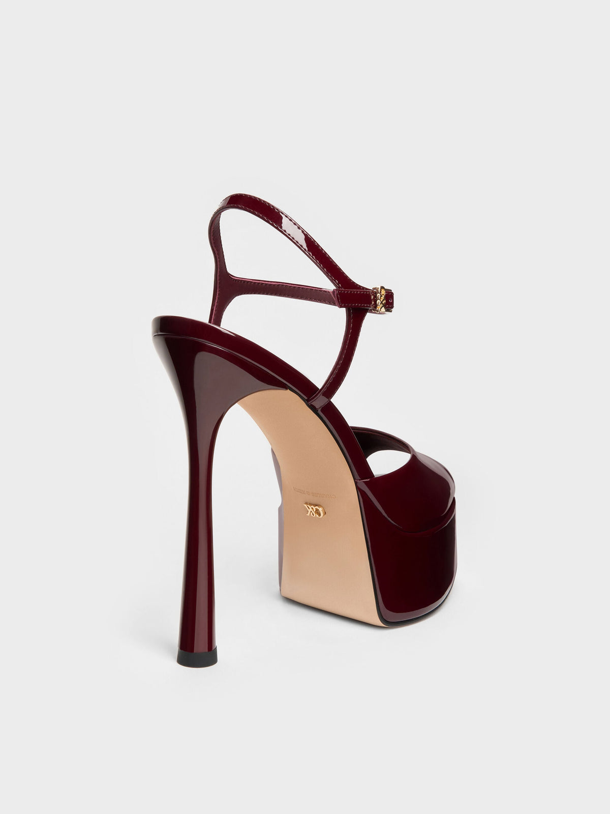 Francesca Patent Leather Peep-Toe Platform Heels - Burgundy | CHARLES & KEITH