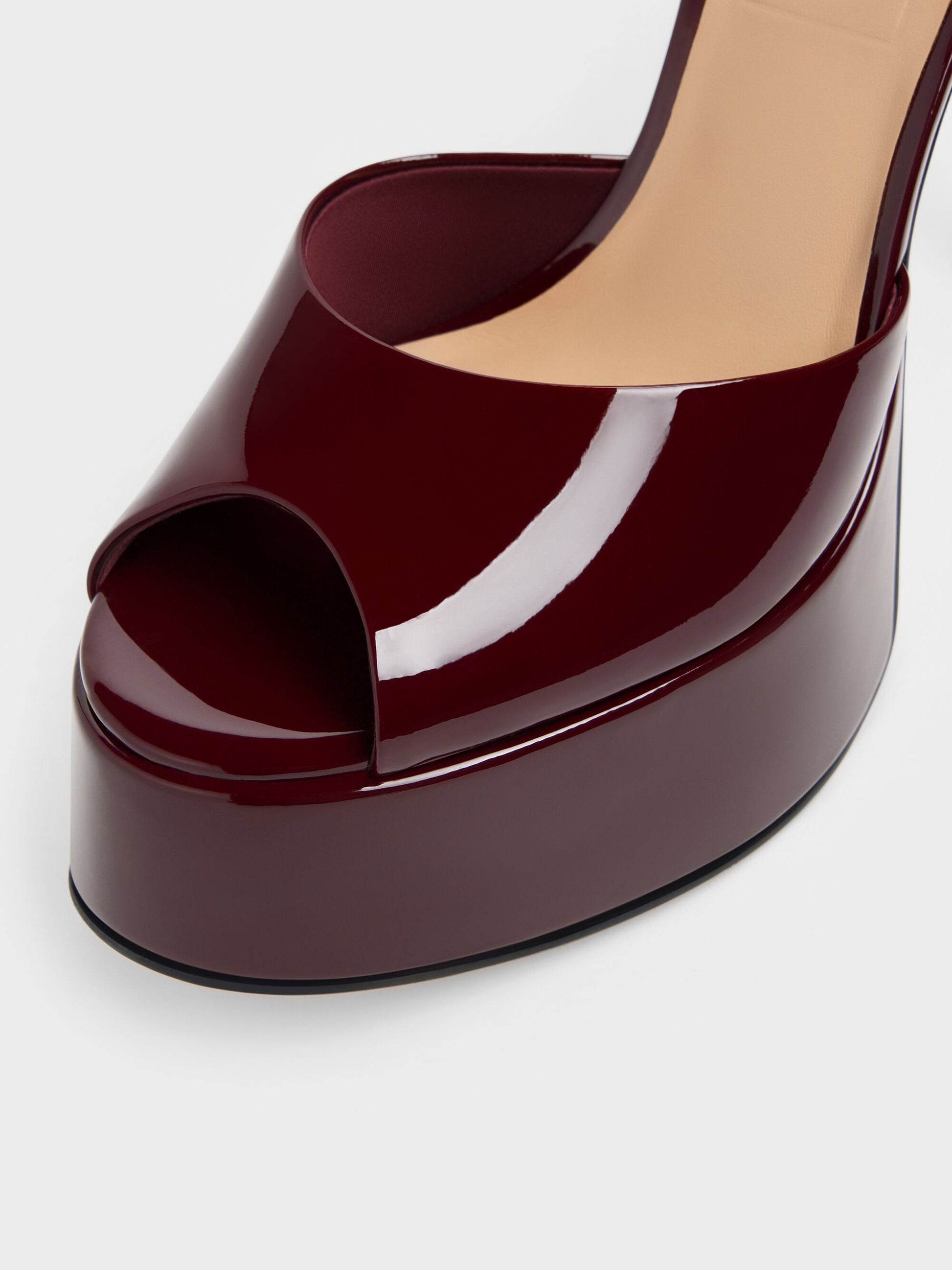 Francesca Patent Leather Peep-Toe Platform Heels - Burgundy | CHARLES & KEITH
