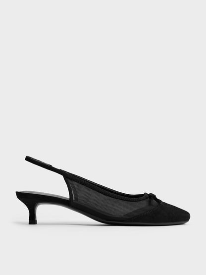 Mulligan Mesh Bow Slingback Pumps - Black Textured | CHARLES & KEITH