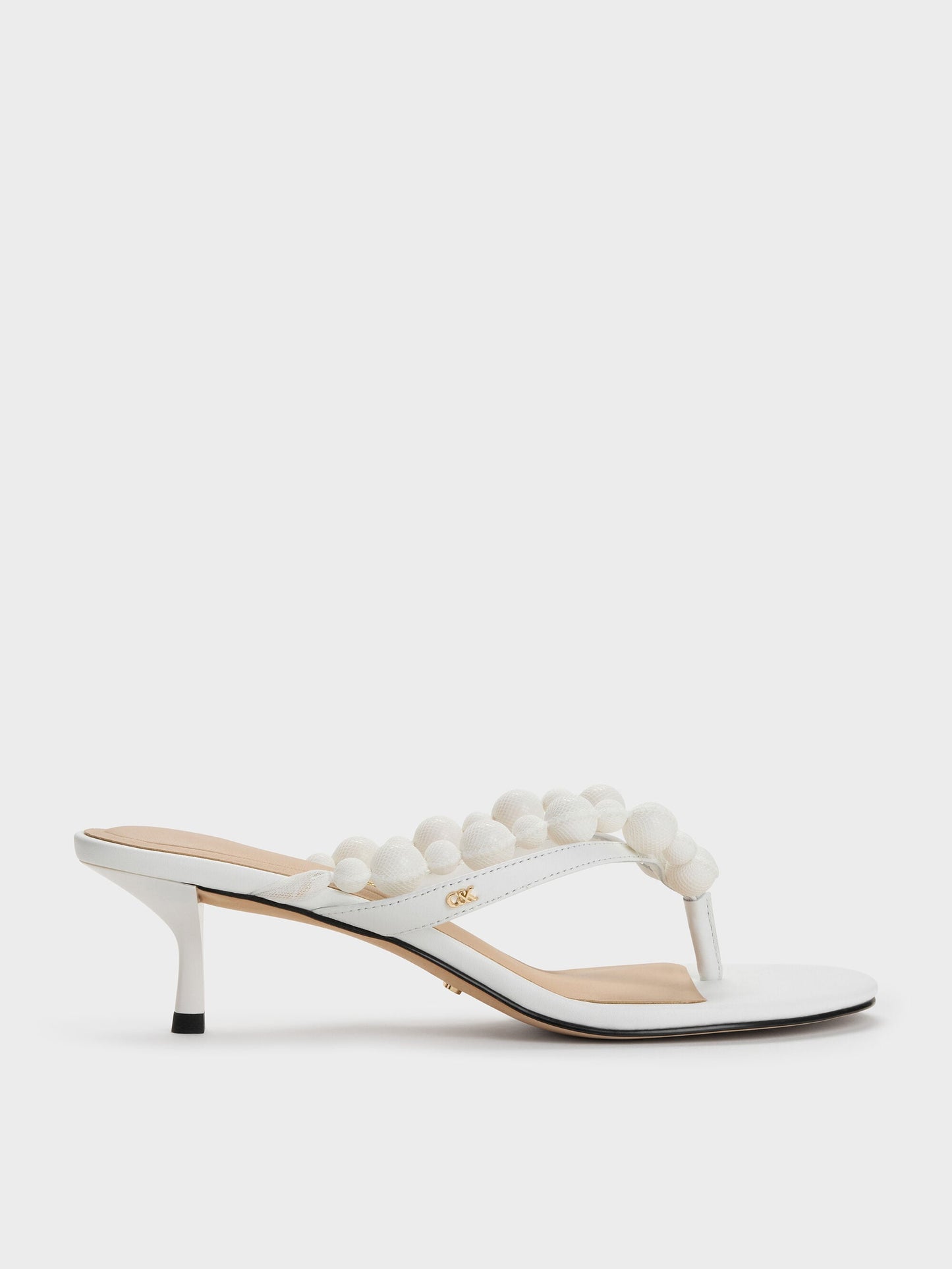 Leather Beaded Thong Kitten Heels - Chalk | CHARLES & KEITH