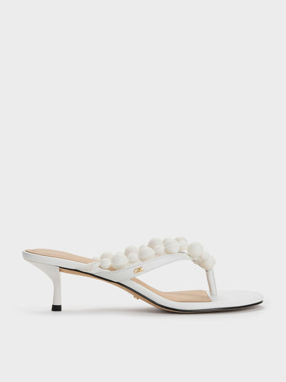 Leather Beaded Thong Kitten Heels - Chalk | CHARLES & KEITH
