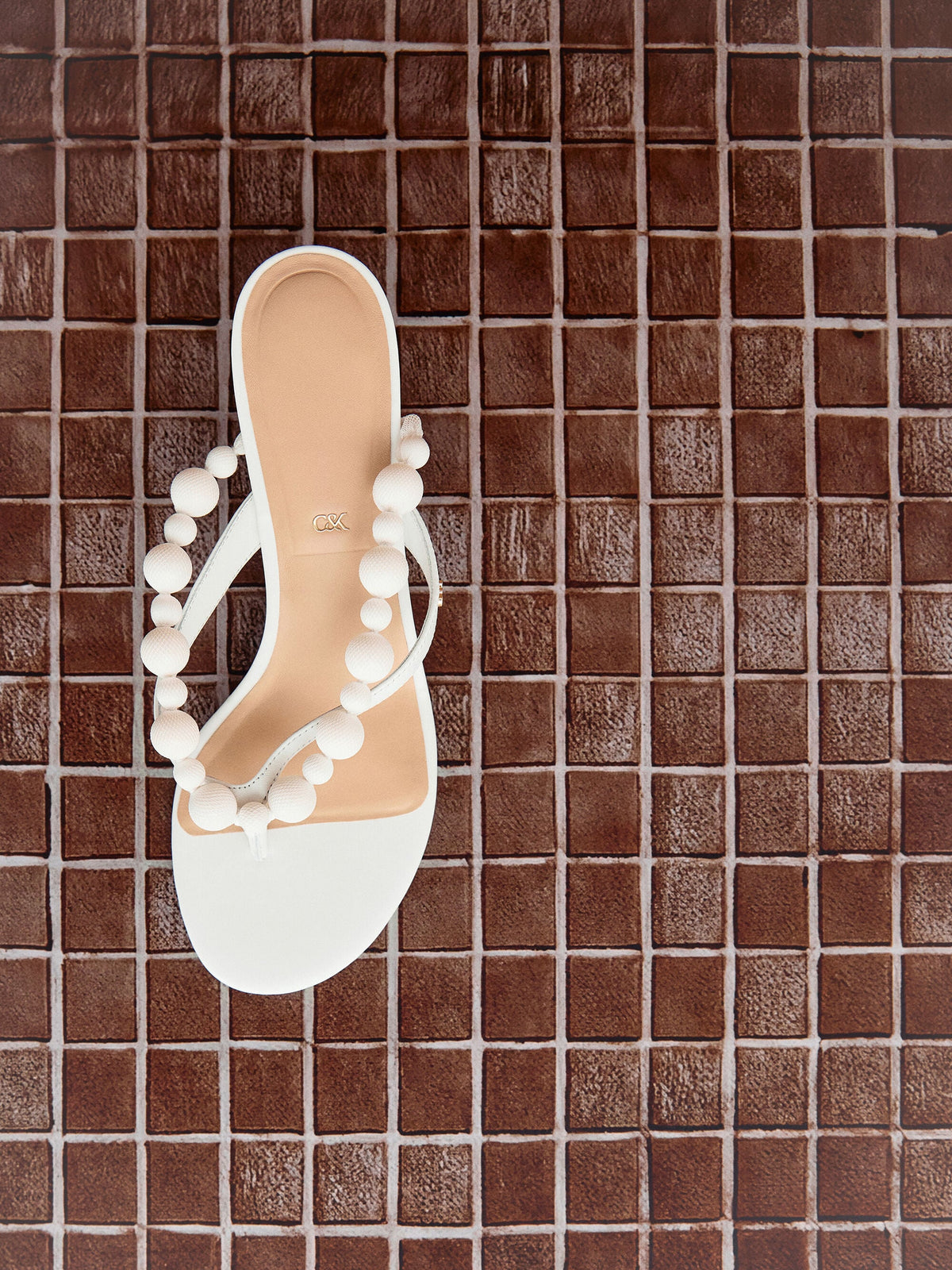 Leather Beaded Thong Kitten Heels - Chalk | CHARLES & KEITH