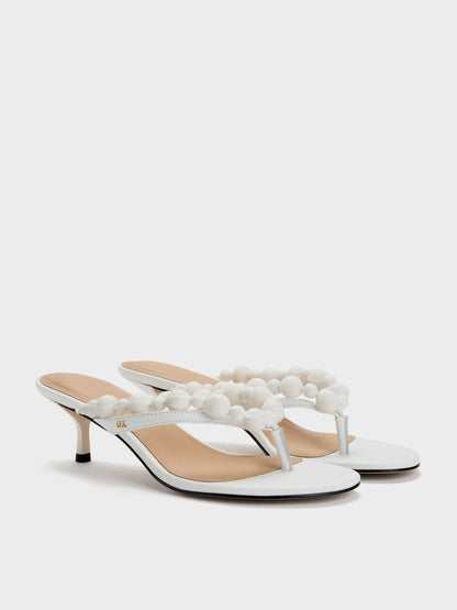 Leather Beaded Thong Kitten Heels - Chalk | CHARLES & KEITH