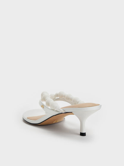 Leather Beaded Thong Kitten Heels - Chalk | CHARLES & KEITH