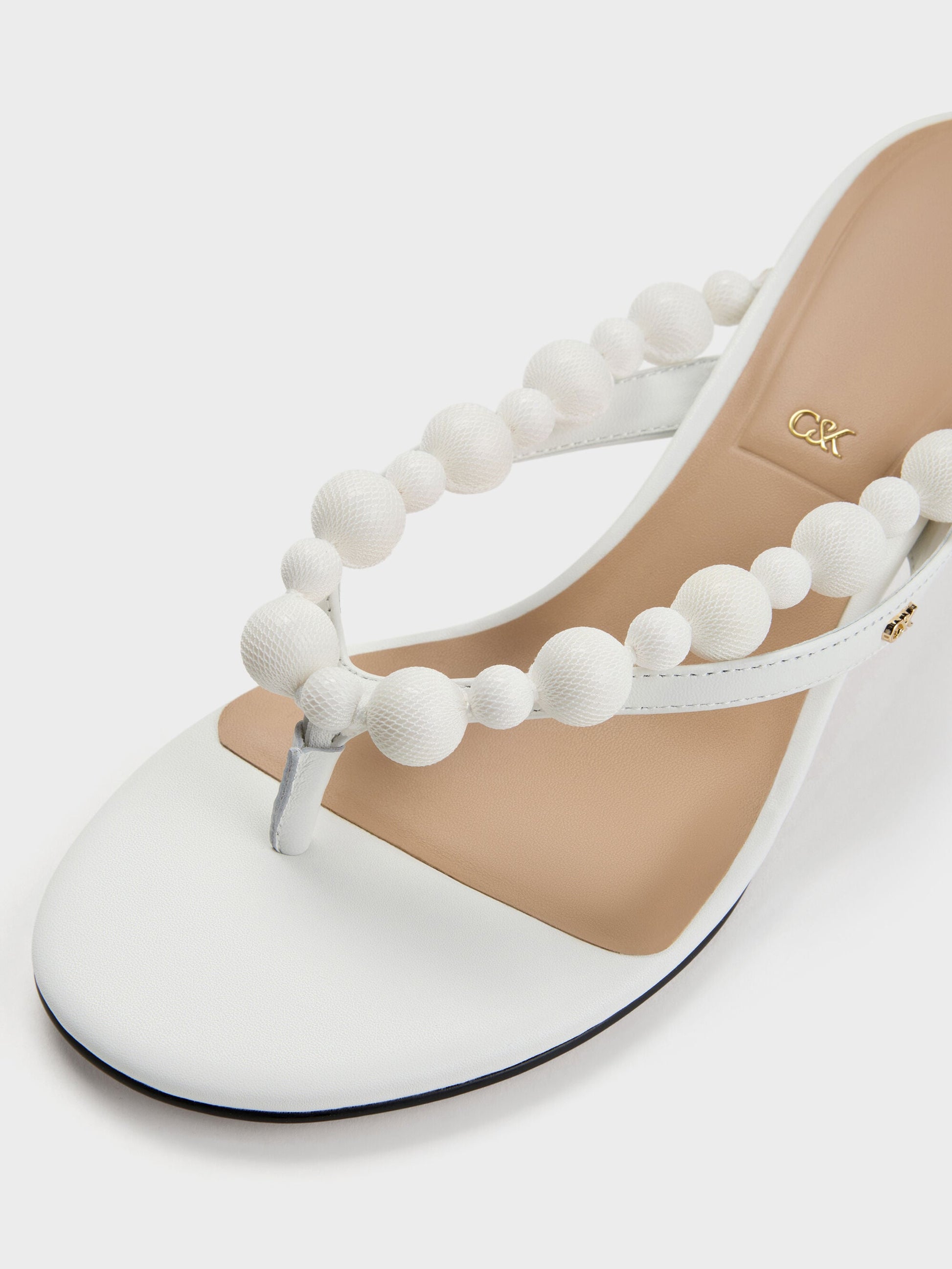 Leather Beaded Thong Kitten Heels - Chalk | CHARLES & KEITH