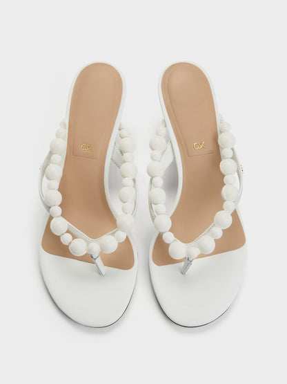 Leather Beaded Thong Kitten Heels - Chalk | CHARLES & KEITH