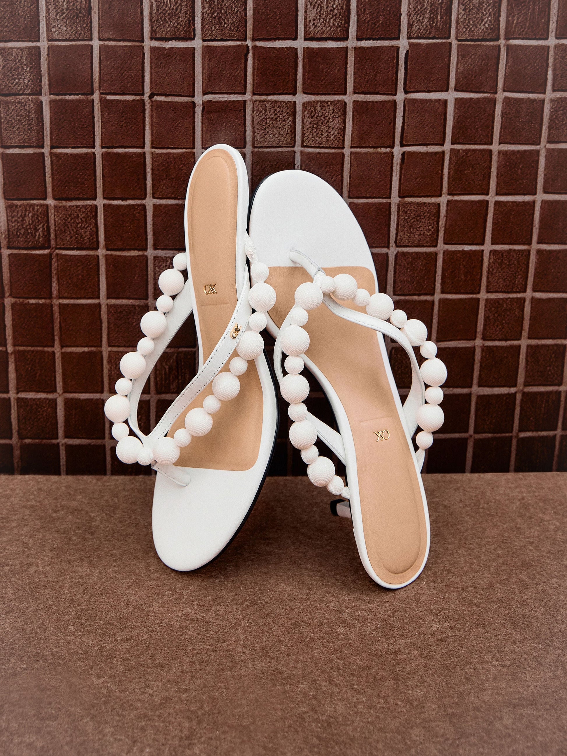 Leather Beaded Thong Kitten Heels - Chalk | CHARLES & KEITH
