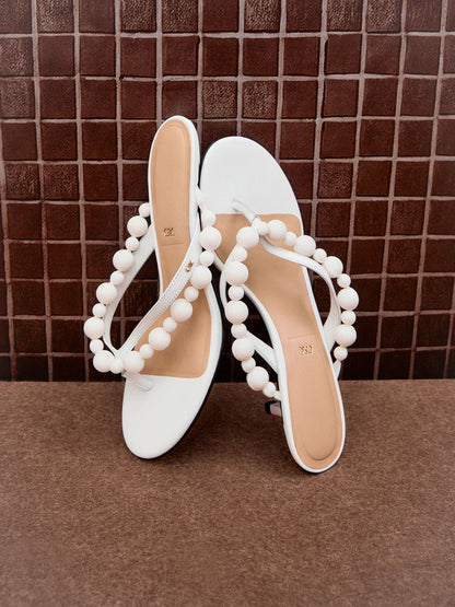 Leather Beaded Thong Kitten Heels - Chalk | CHARLES & KEITH