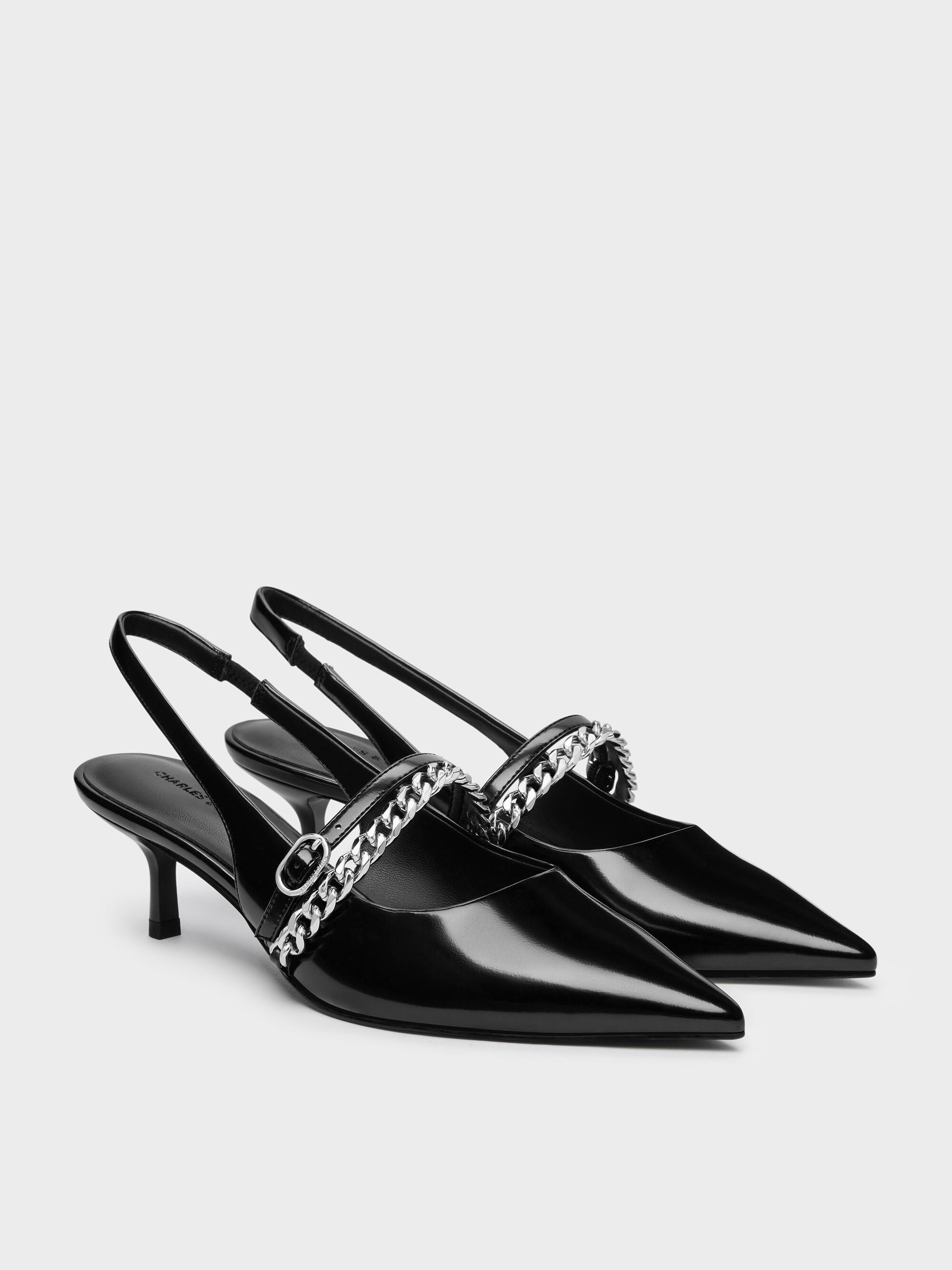 Georgie Chain Slingback Kitten Heels - Black Box | CHARLES & KEITH