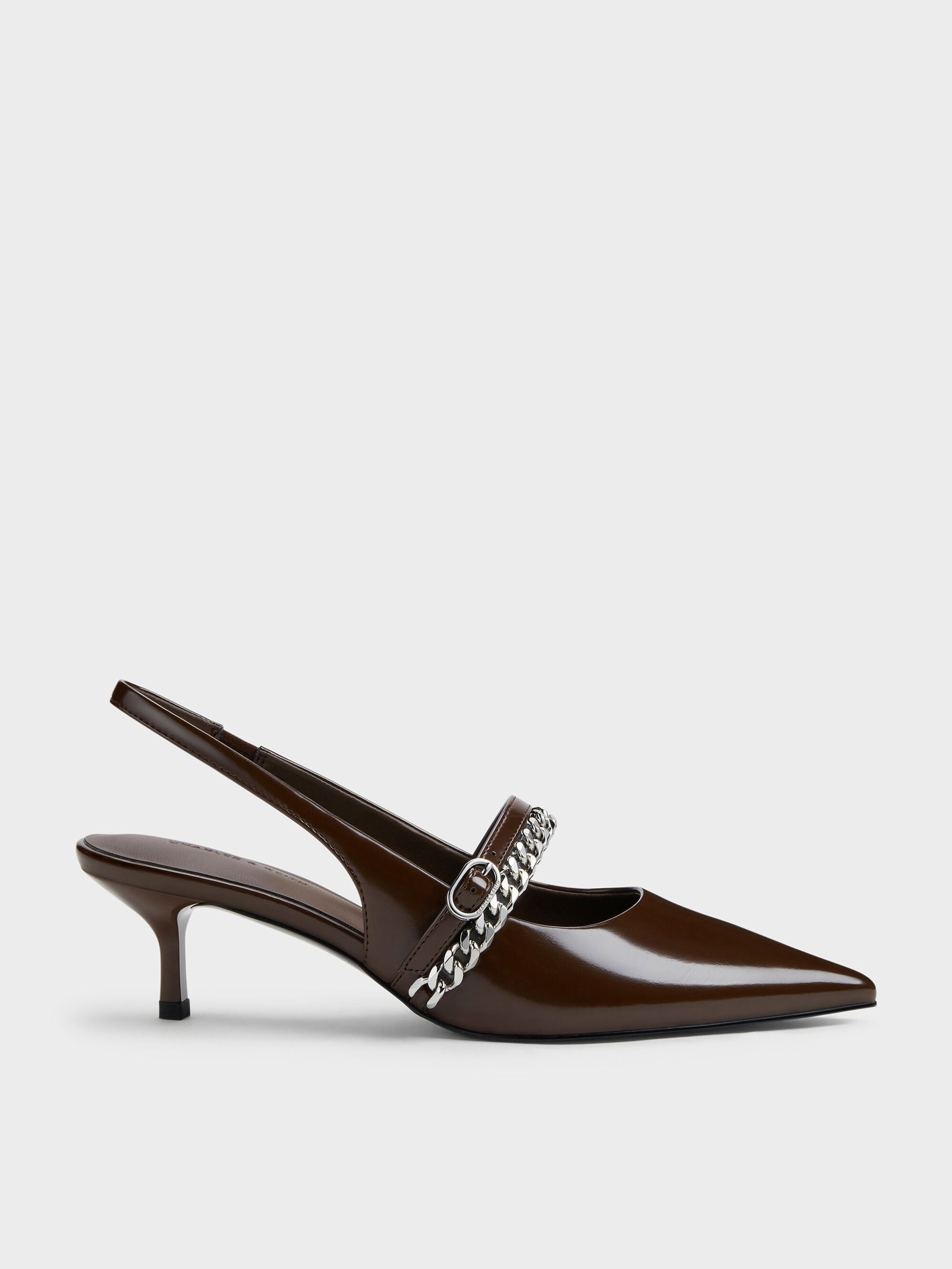 Georgie Chain Slingback Kitten Heels - Dark Brown | CHARLES & KEITH