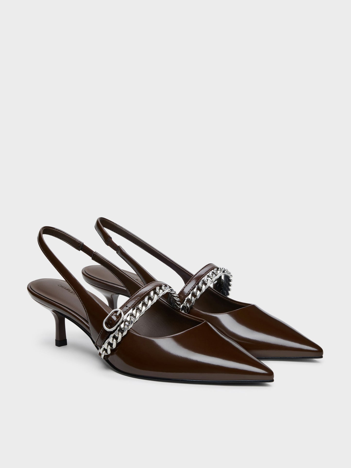 Georgie Chain Slingback Kitten Heels - Dark Brown | CHARLES & KEITH