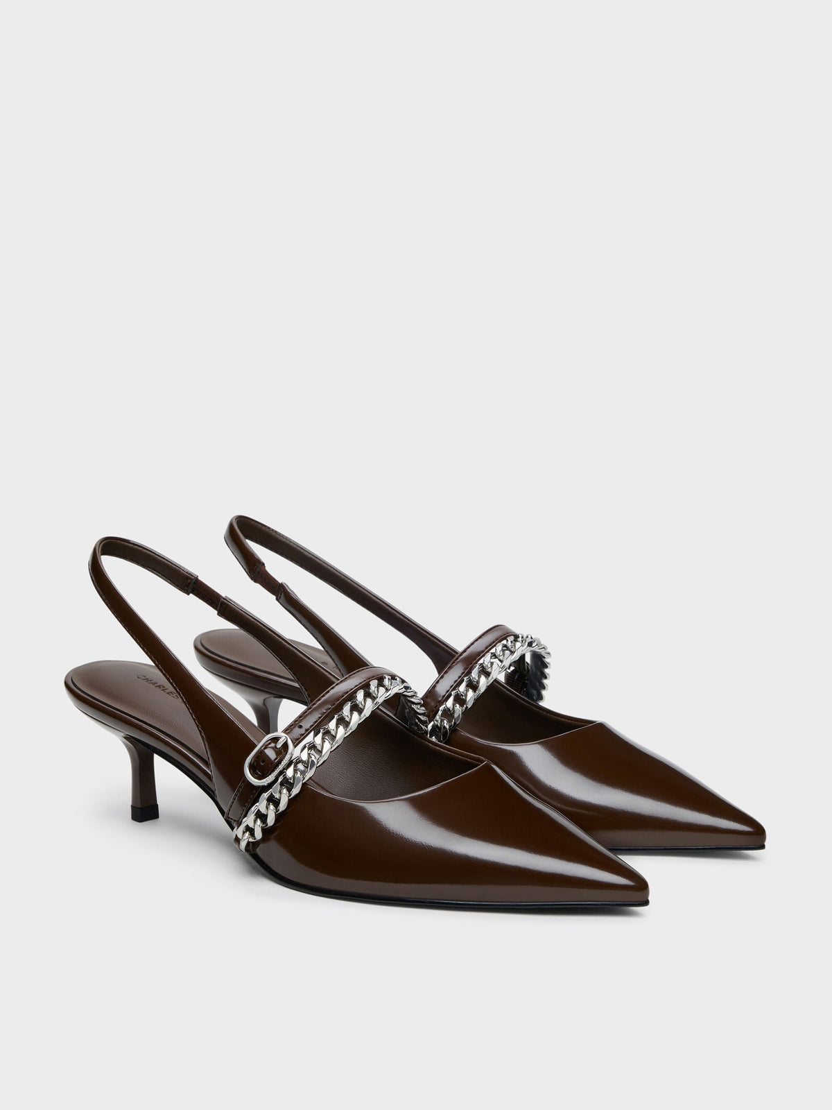 Georgie Chain Slingback Kitten Heels - Dark Brown | CHARLES & KEITH