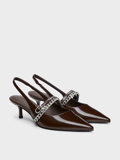 Georgie Chain Slingback Kitten Heels - Dark Brown | CHARLES & KEITH