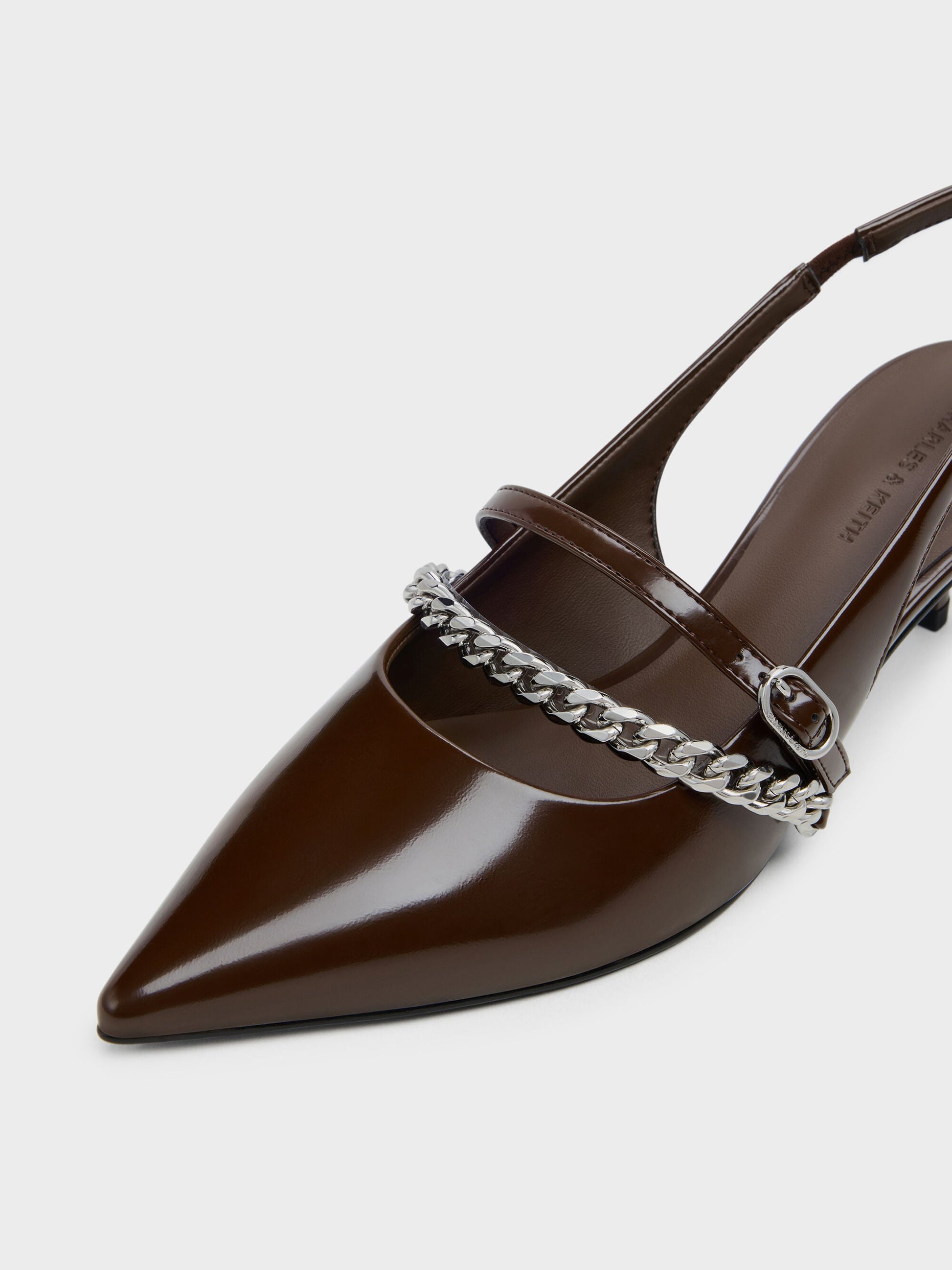 Georgie Chain Slingback Kitten Heels - Dark Brown | CHARLES & KEITH