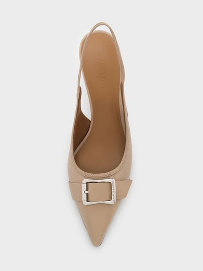 Anita Buckled Pointed Slingback Pumps - Taupe | CHARLES & KEITH
