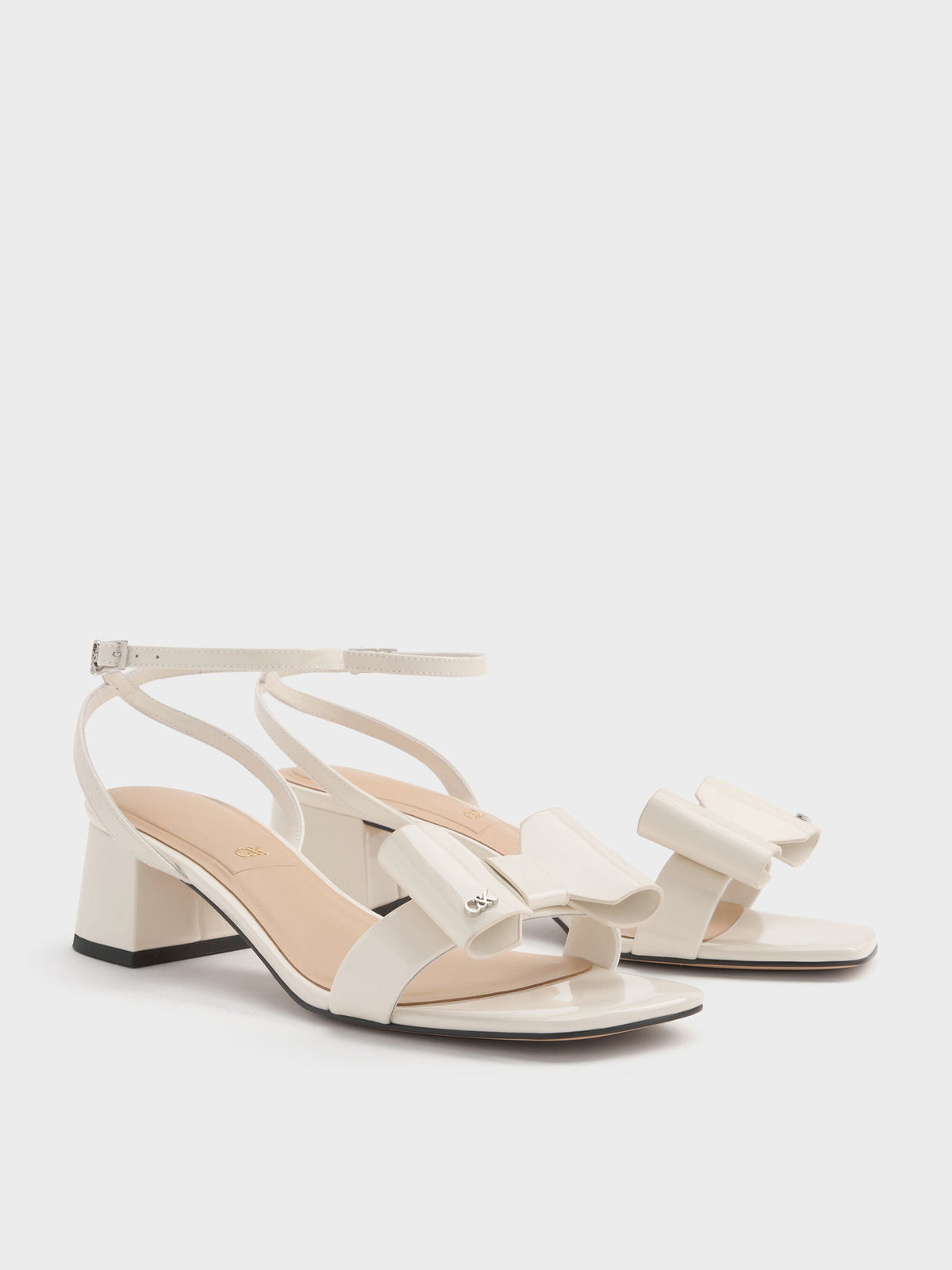 Lu Patent Leather Bow Heeled Sandals - Chalk | CHARLES & KEITH
