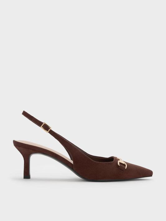 Leslie Faux Suede Slingback Pumps - Dark Brown Textured | CHARLES & KEITH