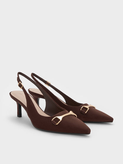 Leslie Faux Suede Slingback Pumps - Dark Brown Textured | CHARLES & KEITH