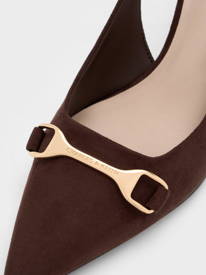 Leslie Faux Suede Slingback Pumps - Dark Brown Textured | CHARLES & KEITH