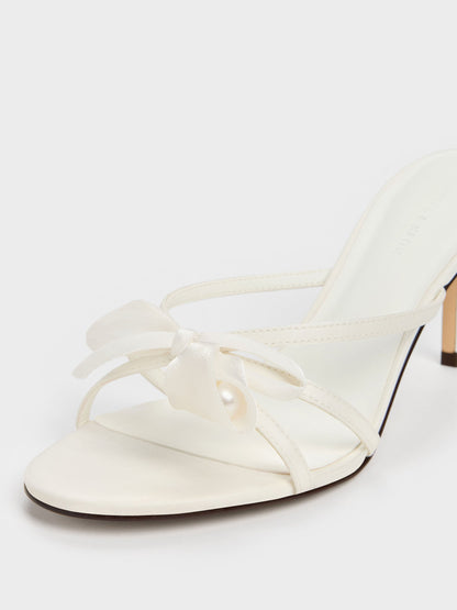 Bow Flower-Pearl Heeled Mules - White | CHARLES & KEITH