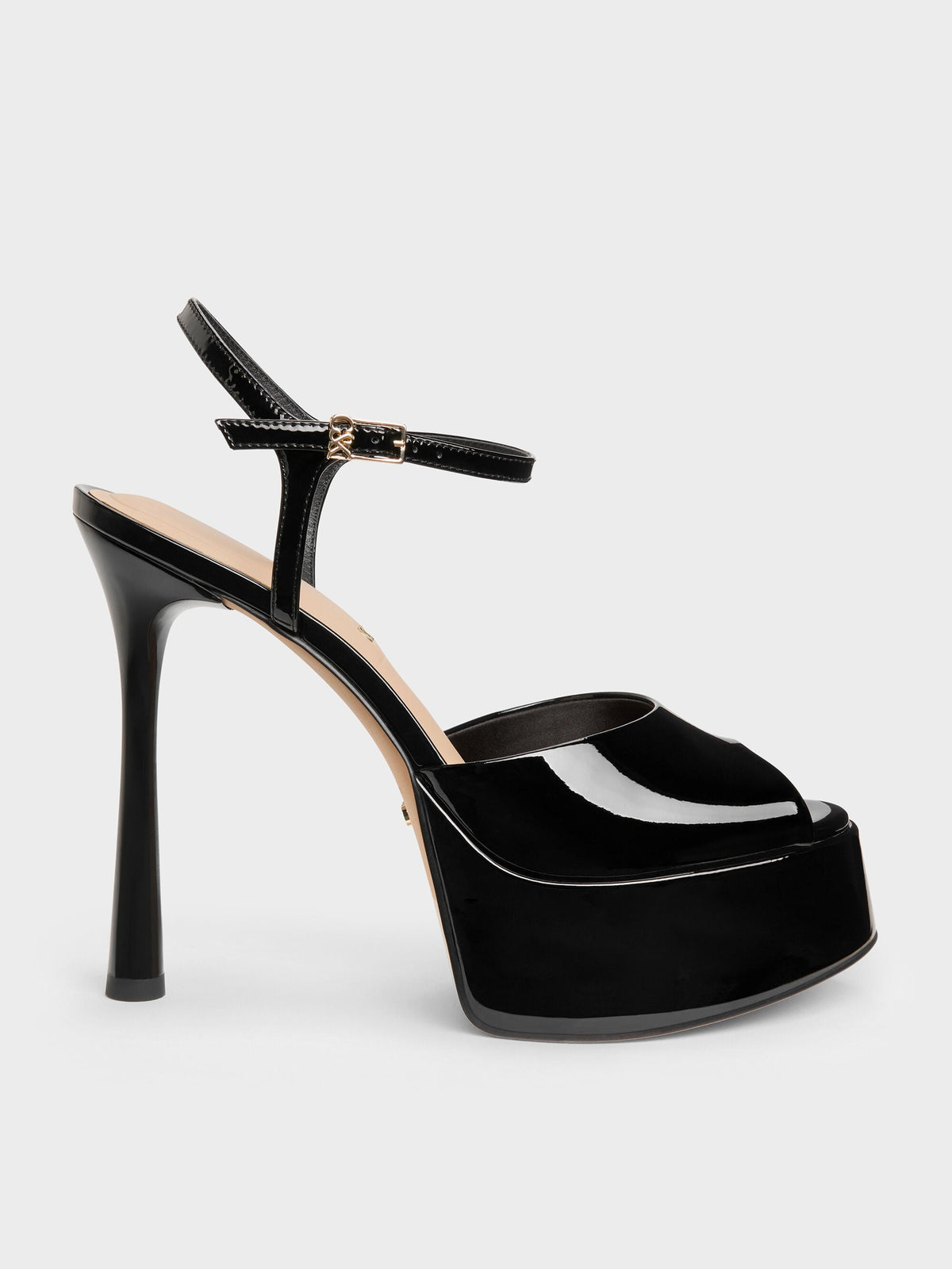 Francesca Patent Leather Peep-Toe Platform Heels - Black Patent | CHARLES & KEITH