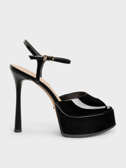 Francesca Patent Leather Peep-Toe Platform Heels - Black Patent | CHARLES & KEITH