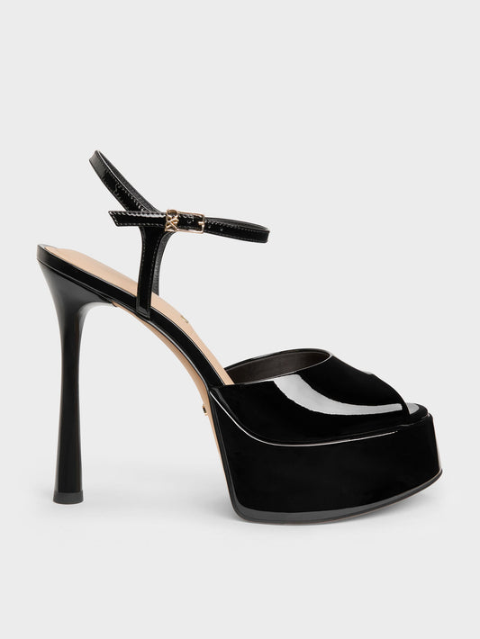 Francesca Patent Leather Peep-Toe Platform Heels - Black Patent | CHARLES & KEITH