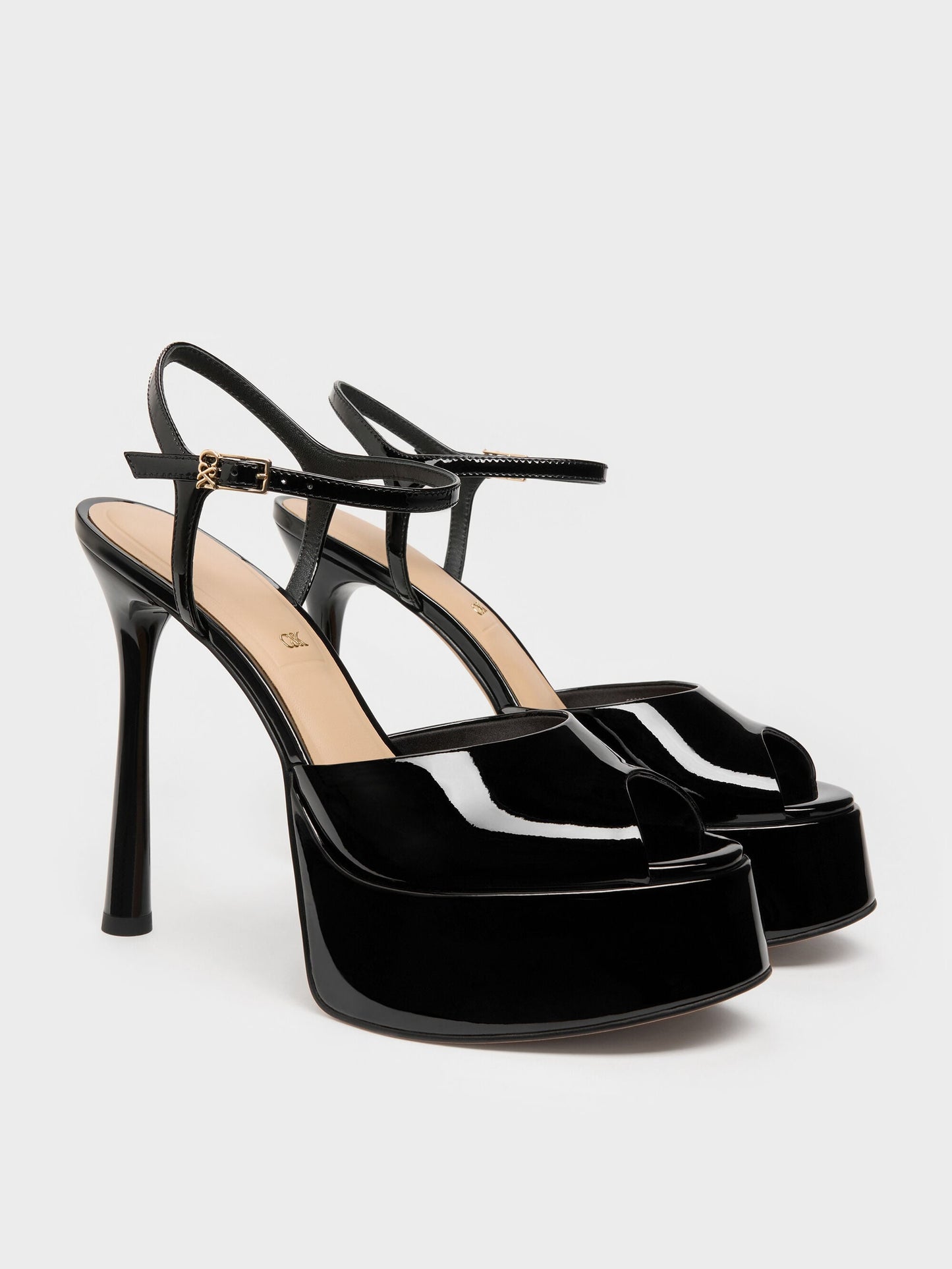 Francesca Patent Leather Peep-Toe Platform Heels - Black Patent | CHARLES & KEITH
