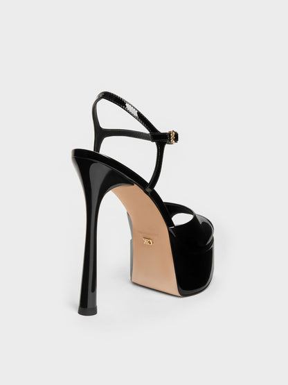 Francesca Patent Leather Peep-Toe Platform Heels - Black Patent | CHARLES & KEITH