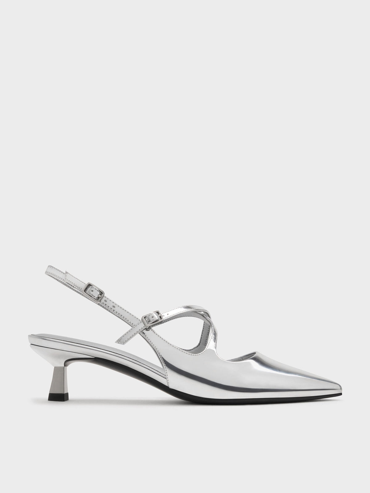 Pauline Metallic Crossover Kitten Heels - Silver | CHARLES & KEITH