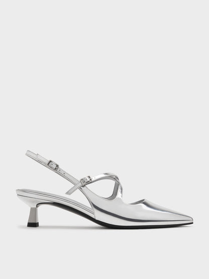 Pauline Metallic Crossover Kitten Heels - Silver | CHARLES & KEITH