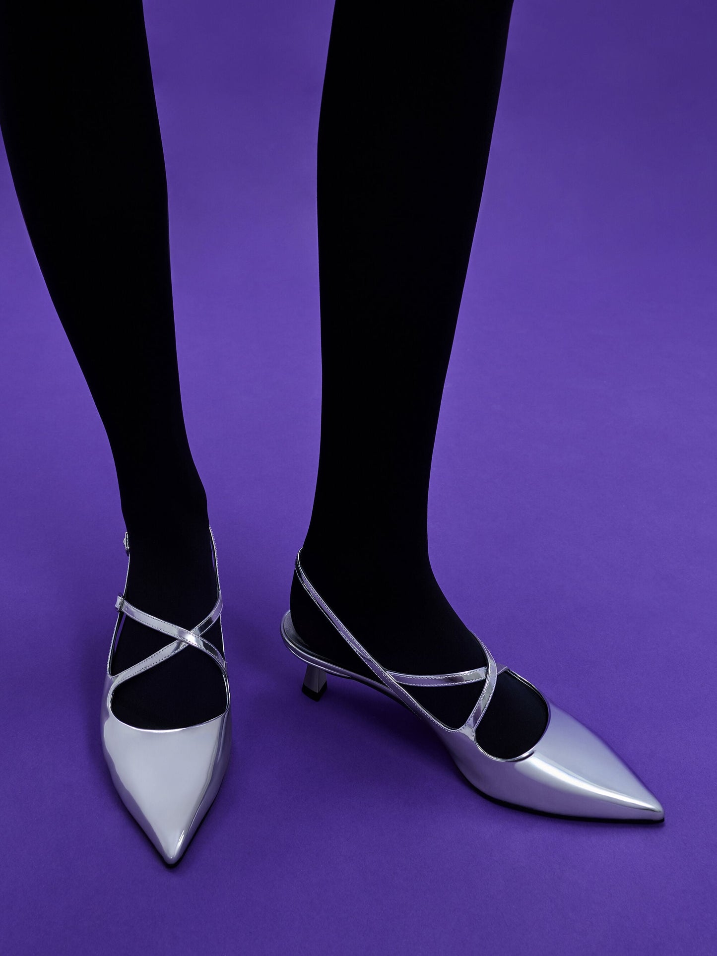 Pauline Metallic Crossover Kitten Heels - Silver | CHARLES & KEITH