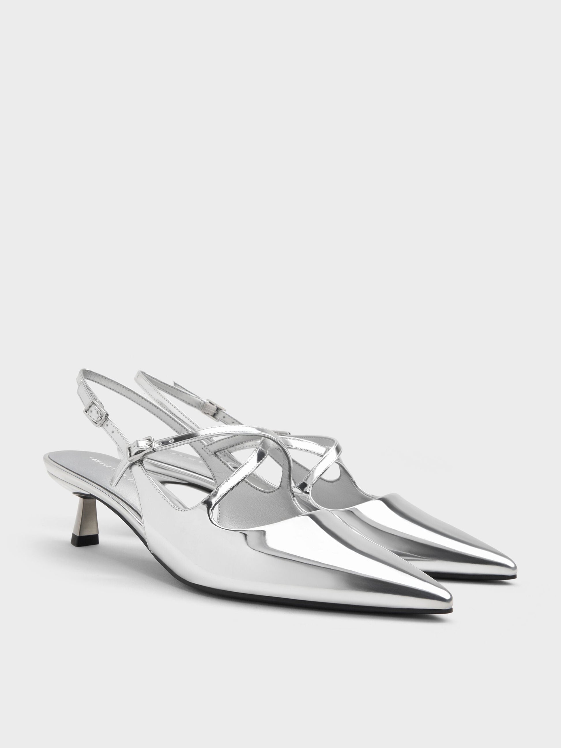 Pauline Metallic Crossover Kitten Heels - Silver | CHARLES & KEITH